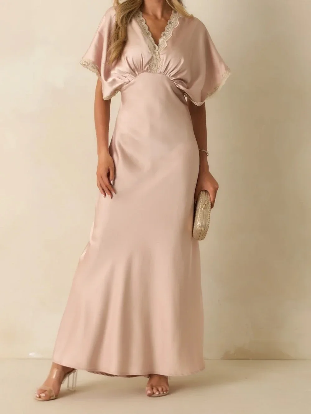 Pink Satin Lace Maxi Dress Small V-Neck Flowy Gown by Dress Forum Los Angeles - Picture 15 of 15